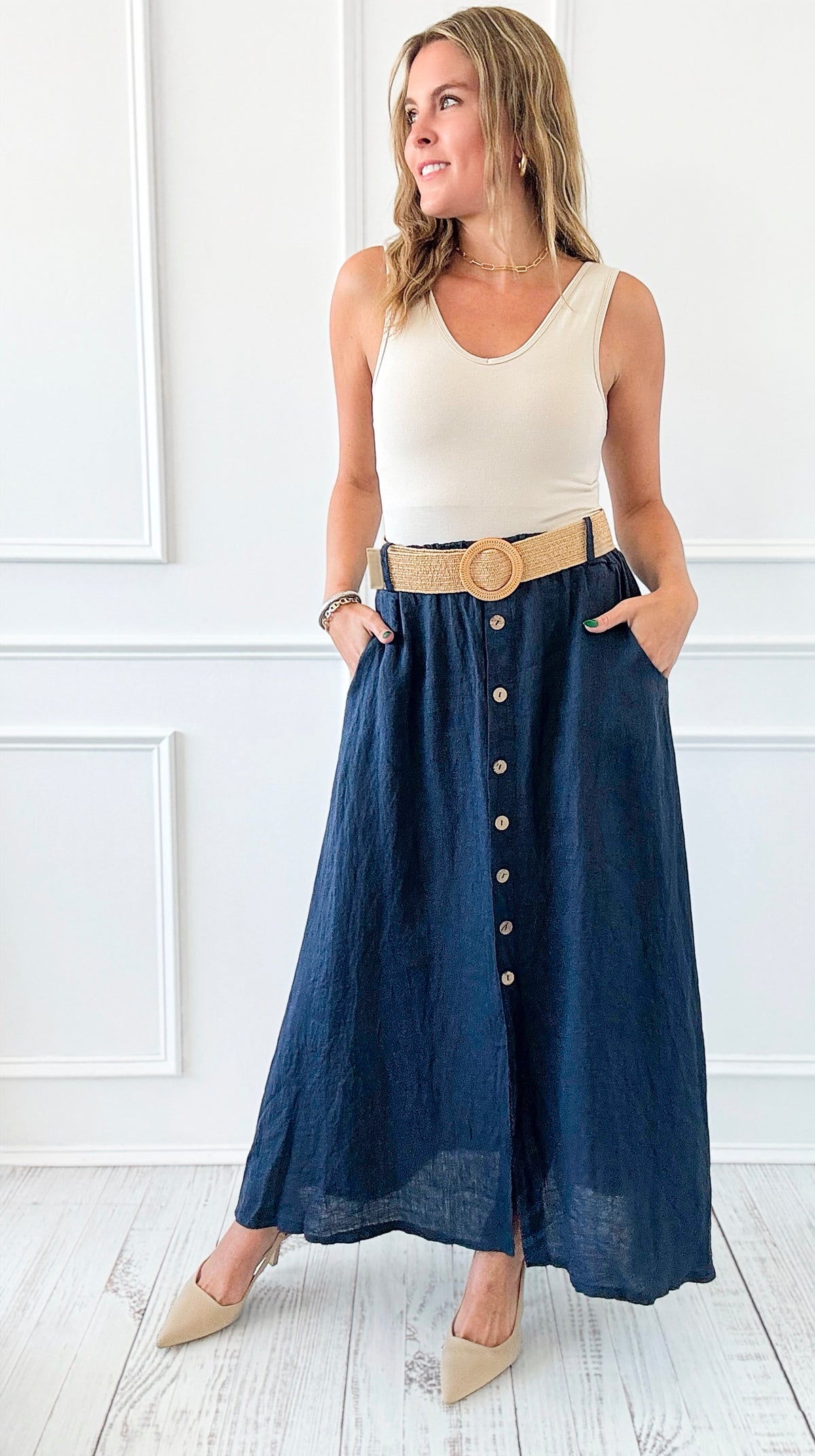 Belted Italian Linen Midi Button Skirt - Navy-170 bottoms-Italianissimo-Coastal Bloom Boutique, find the trendiest versions of the popular styles and looks Located in Indialantic, FL