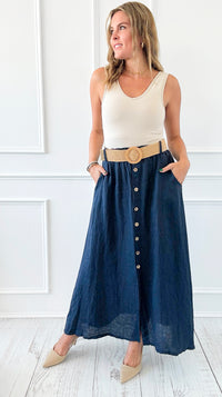 Belted Italian Linen Midi Button Skirt - Navy-170 bottoms-Italianissimo-Coastal Bloom Boutique, find the trendiest versions of the popular styles and looks Located in Indialantic, FL