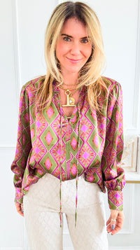 Geometric Floral Split Neck Top-110 Long Sleeve Tops-sew in love-Coastal Bloom Boutique, find the trendiest versions of the popular styles and looks Located in Indialantic, FL