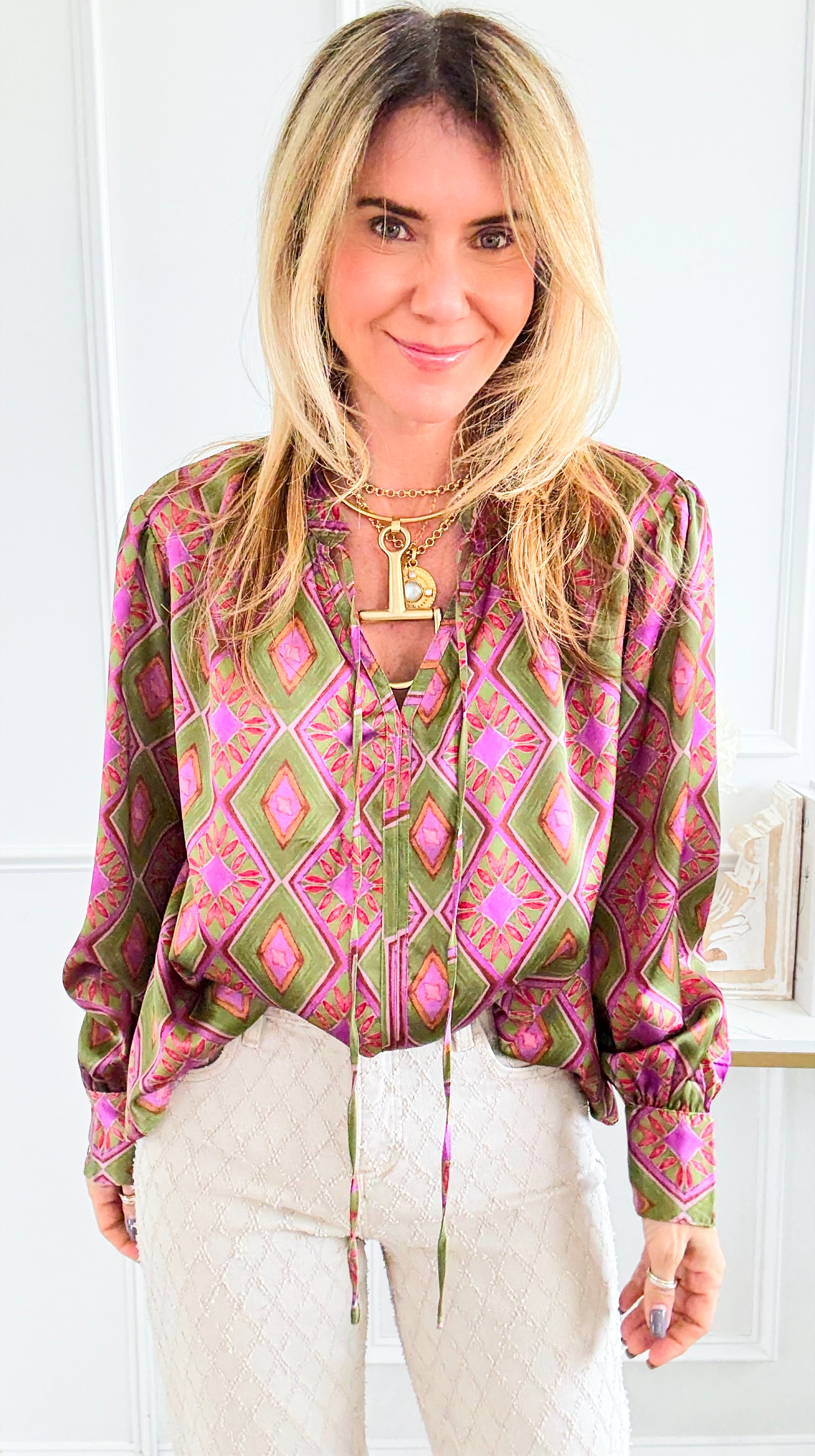 Geometric Floral Split Neck Top-110 Long Sleeve Tops-sew in love-Coastal Bloom Boutique, find the trendiest versions of the popular styles and looks Located in Indialantic, FL