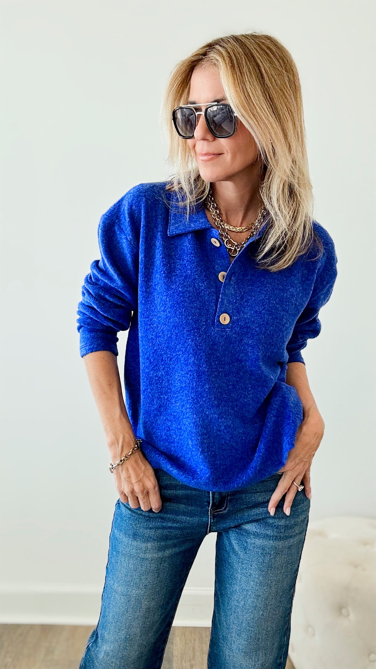 Brushed Melange Hacci Collared Sweater - Bright Blue-140 Sweaters-Zenana-Coastal Bloom Boutique, find the trendiest versions of the popular styles and looks Located in Indialantic, FL
