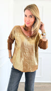 Gold Shine V-Neck Italian Pullover- Camel-140 Sweaters-Italianissimo-Coastal Bloom Boutique, find the trendiest versions of the popular styles and looks Located in Indialantic, FL