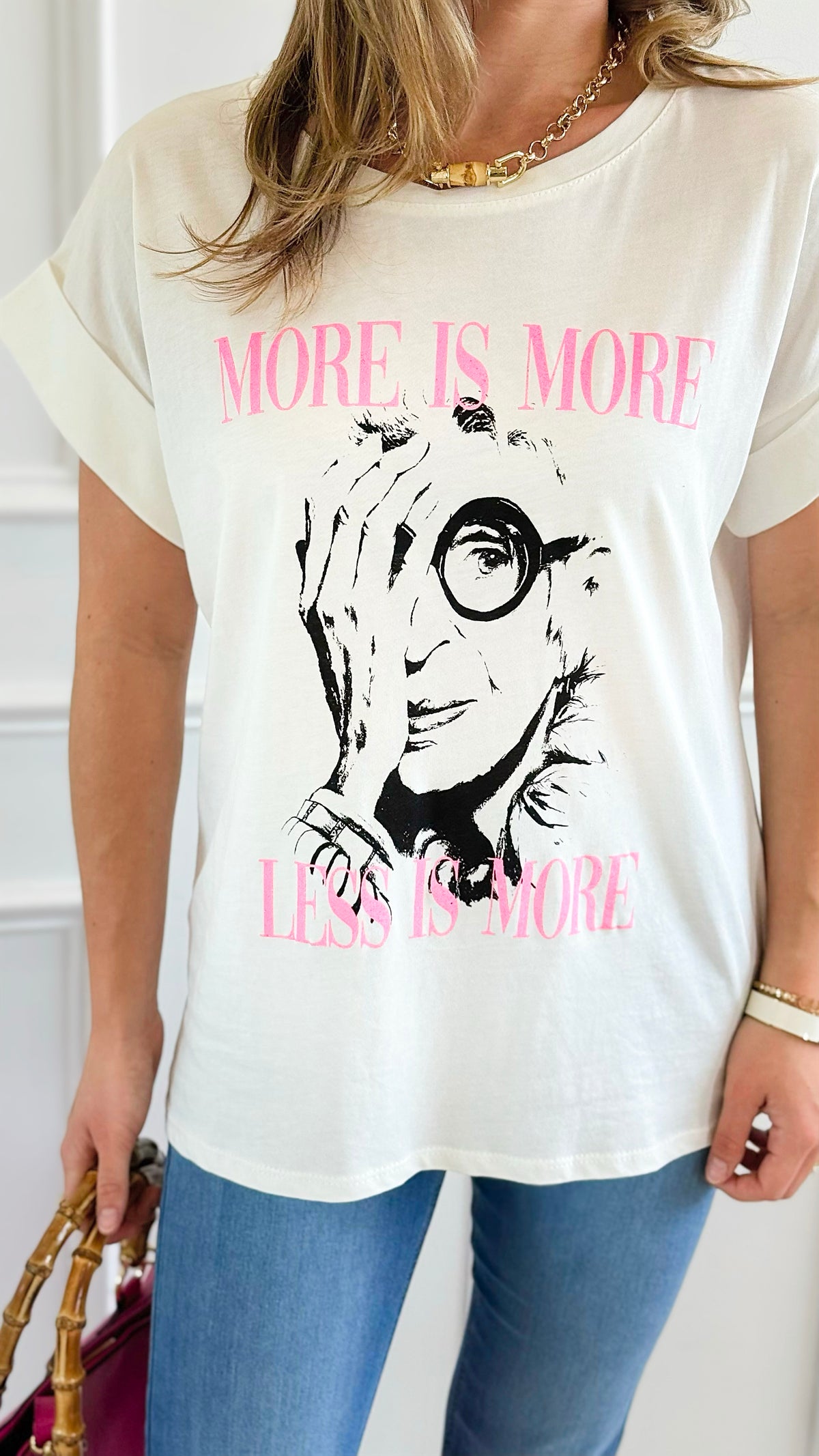 Less & More Italian Graphic Tee-110 Short Sleeve Tops-FIRSTAGE-Coastal Bloom Boutique, find the trendiest versions of the popular styles and looks Located in Indialantic, FL