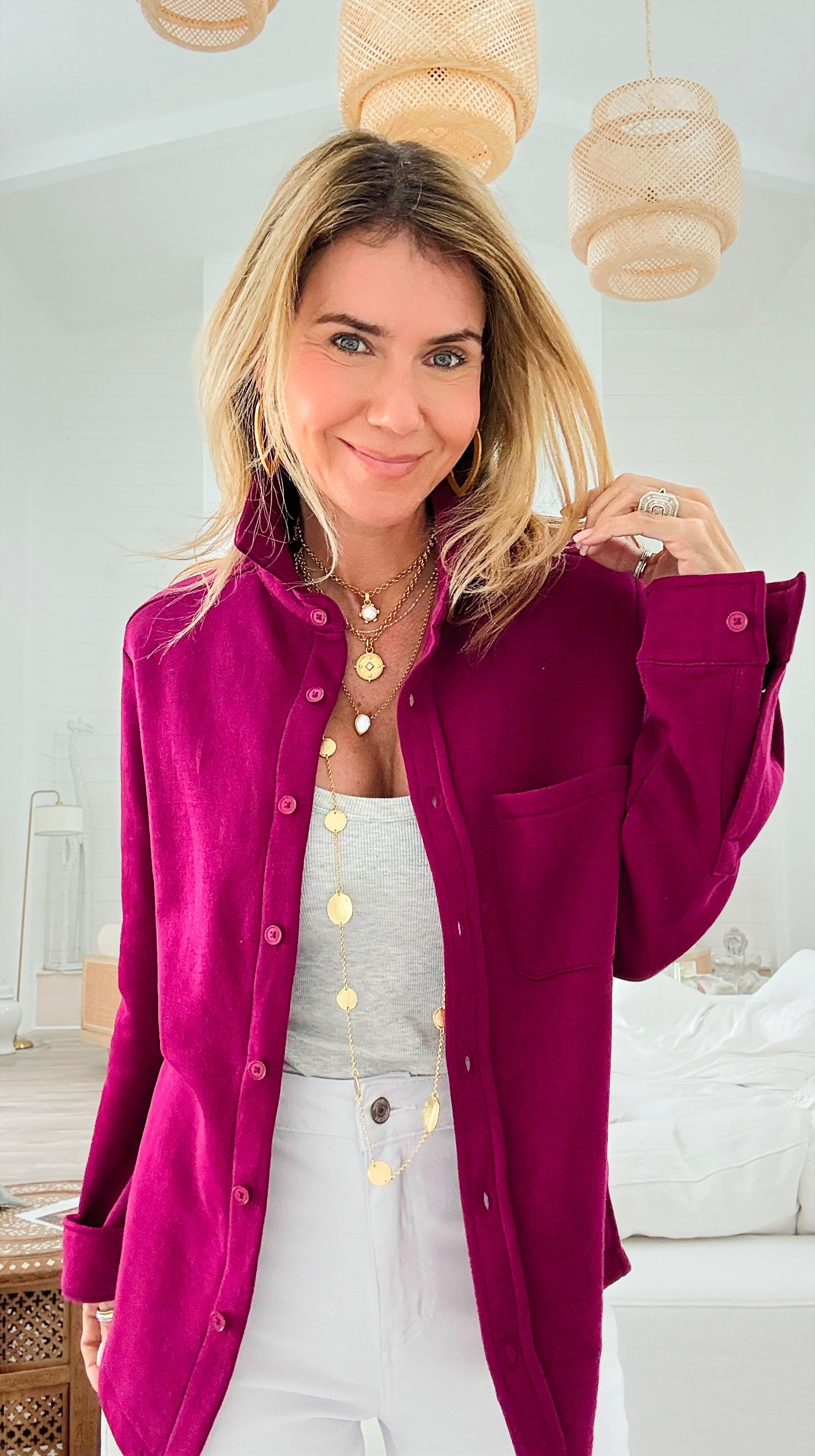 Pre Auth - Eileen Fall Shacket - Magenta-160 Jackets-Rosio-Coastal Bloom Boutique, find the trendiest versions of the popular styles and looks Located in Indialantic, FL