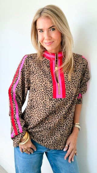 Contrast Trim Zip Long Sleeve Top