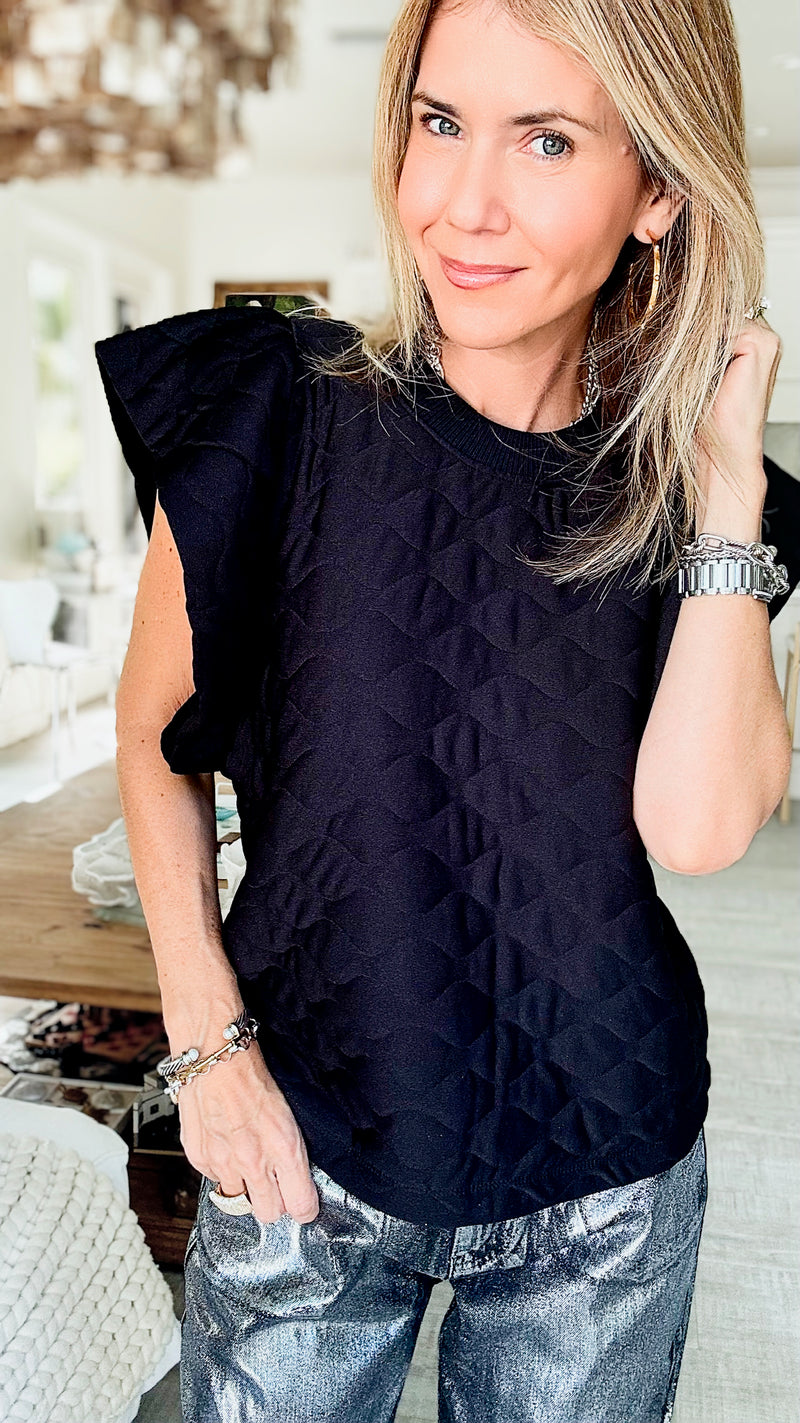 Quilted Ruffle Sleeve Top - Black-110 Short Sleeve Tops-Ces Femme-Coastal Bloom Boutique, find the trendiest versions of the popular styles and looks Located in Indialantic, FL