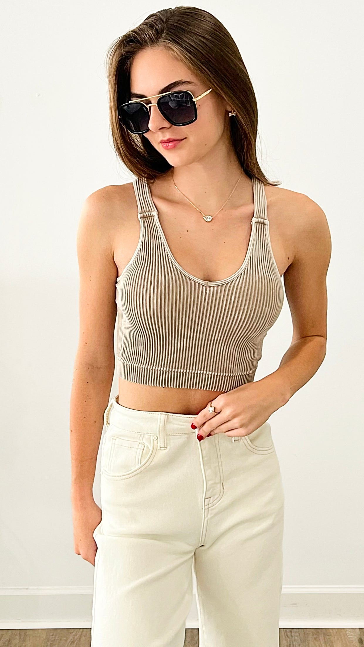 Washed Ribbed Cropped Bra Padded Tank Top - Ash Mocha-220 Intimates-Zenana-Coastal Bloom Boutique, find the trendiest versions of the popular styles and looks Located in Indialantic, FL