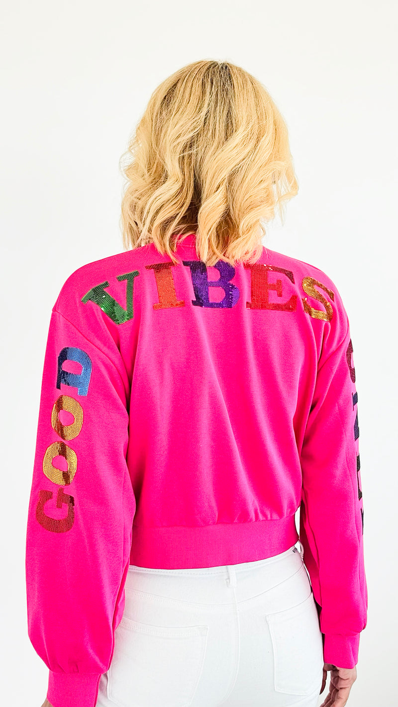 'Good Vibes Only' Pullover Sweater - Fuchsia-140 Sweaters-Rousseau-Coastal Bloom Boutique, find the trendiest versions of the popular styles and looks Located in Indialantic, FL