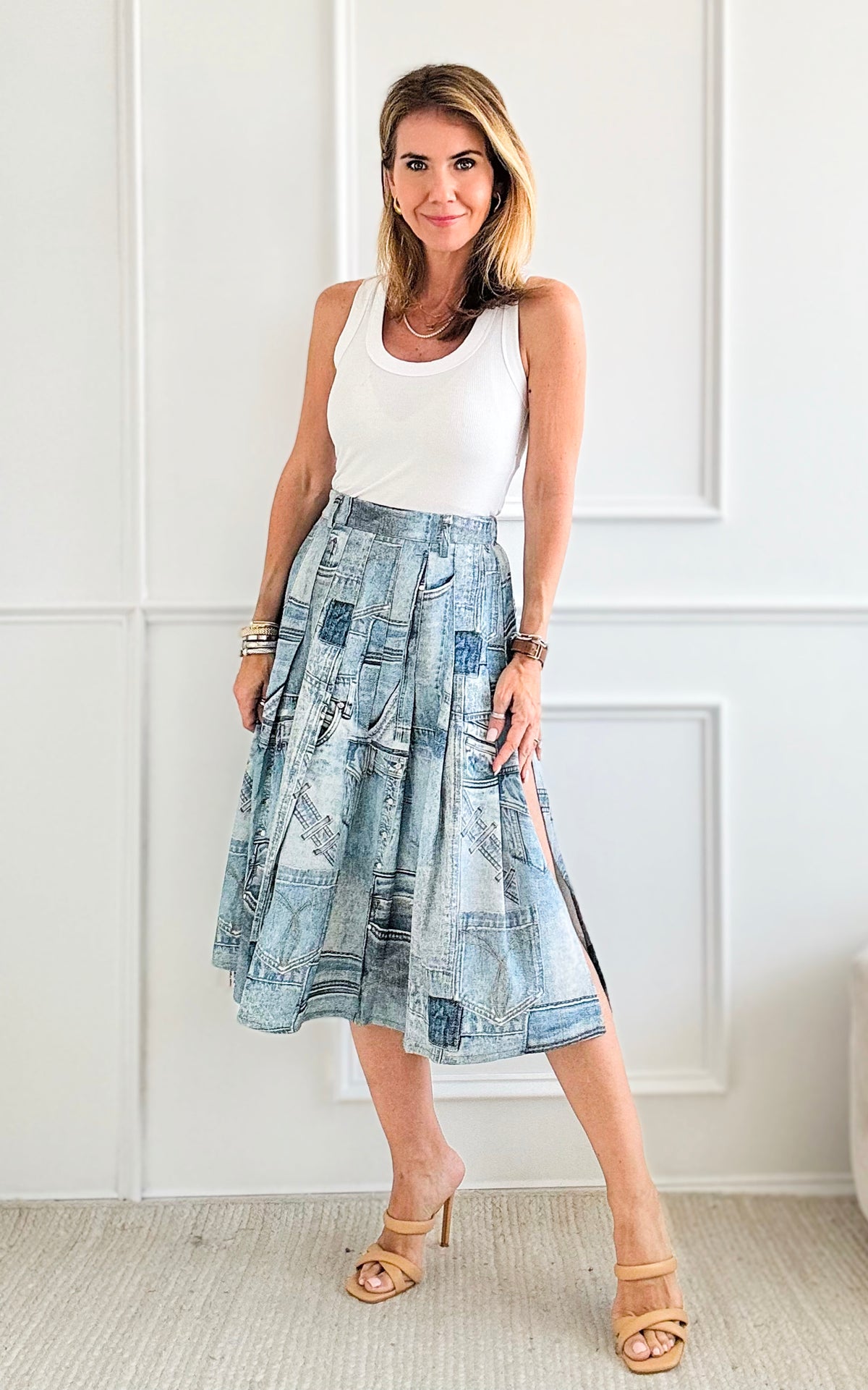 Denim Patchwork Printed Skirt-170 Bottoms-LA ROS-Coastal Bloom Boutique, find the trendiest versions of the popular styles and looks Located in Indialantic, FL
