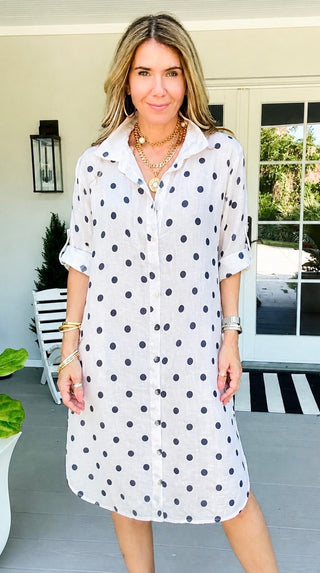 Polka Dot Linen Italian Button Midi Dress