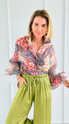 Garden Mosaic Ruffle Bell Sleeve Italian Blouse-130 Long sleeve top-SEÑORITA C-Coastal Bloom Boutique, find the trendiest versions of the popular styles and looks Located in Indialantic, FL