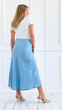 Denim Italian Midi Skirt-170 Bottoms-Italianissimo-Coastal Bloom Boutique, find the trendiest versions of the popular styles and looks Located in Indialantic, FL