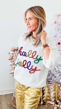 Holly Jolly Sweatshirt - White Multi-130 Long Sleeve Tops-BIBI-Coastal Bloom Boutique, find the trendiest versions of the popular styles and looks Located in Indialantic, FL
