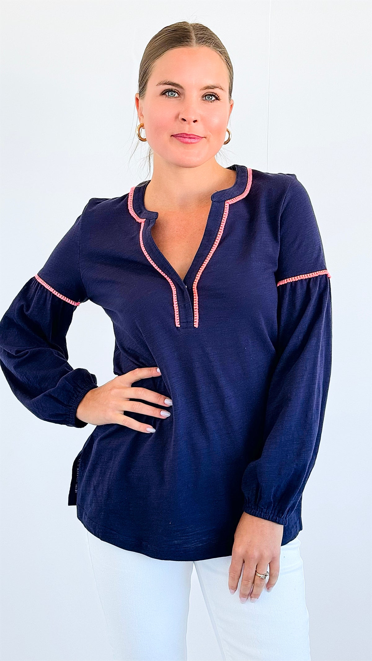 Tassel Contrast Cotton Tunic - Navy-130 Long Sleeve Tops-ARYEH-Coastal Bloom Boutique, find the trendiest versions of the popular styles and looks Located in Indialantic, FL