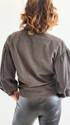 Chic Corduroy Ruffle Neck Italian Button- Down Top- Charcoal-110 Long Sleeve Tops-AZUL MONACO-Coastal Bloom Boutique, find the trendiest versions of the popular styles and looks Located in Indialantic, FL