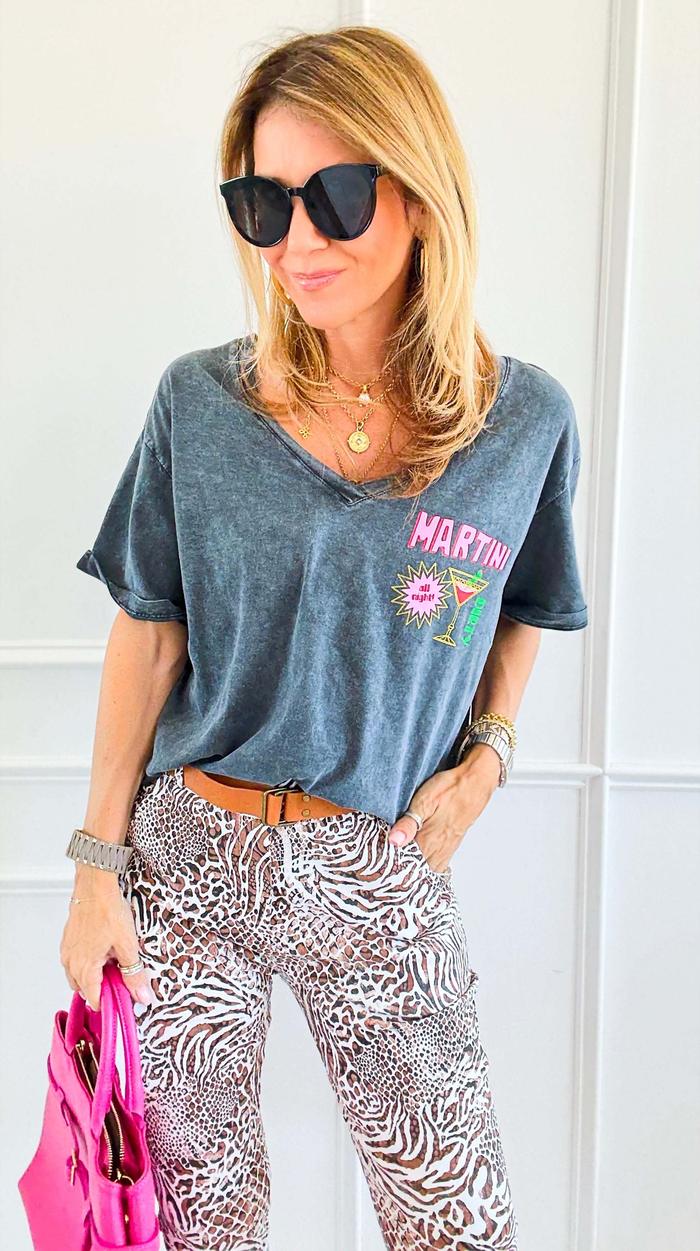 Martini All Night V-Neck Italian Graphic Tee-110 Short Sleeve Tops-FIRSTAGE-Coastal Bloom Boutique, find the trendiest versions of the popular styles and looks Located in Indialantic, FL