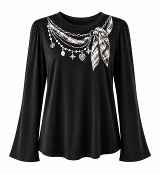Pearls & Plaid Italian Silky Top- Black