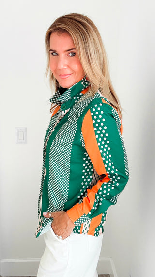 Mixed Dot Stripe Button Blouse Top