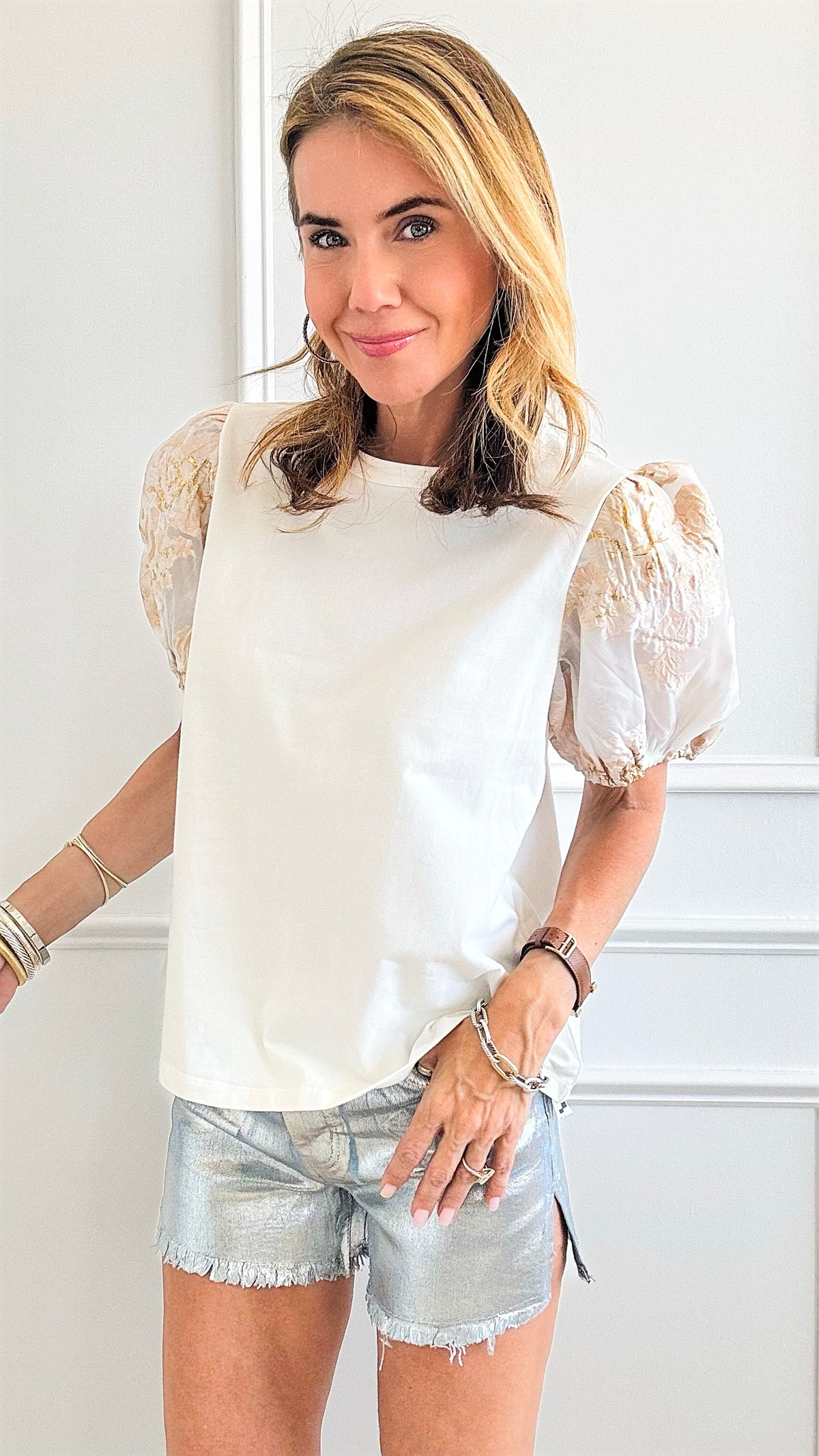 Ladylike Metallic Puff Sleeve Blouse-110 Short Sleeve Tops-Jodifl-Coastal Bloom Boutique, find the trendiest versions of the popular styles and looks Located in Indialantic, FL