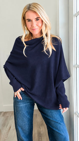 Relaxed Cowl Neck Ribbed Cuff Italian Sweater - Navy