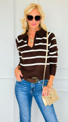 Weekend Club Striped Polo Sweater - Brown-140 Sweaters-LOVE TREE-Coastal Bloom Boutique, find the trendiest versions of the popular styles and looks Located in Indialantic, FL