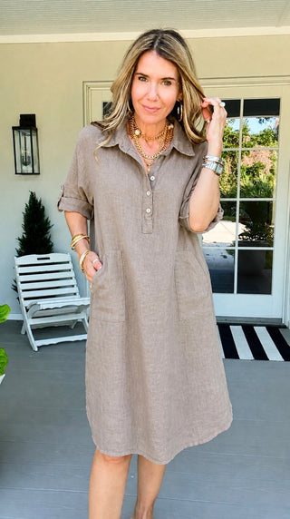 Island Relaxed Linen Italian Pocket Midi Dress- Taupe