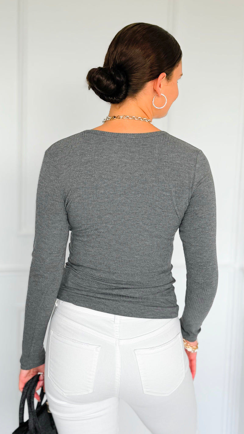 Button Me Up Ribbed Top - Heather Charcoal-130 Long Sleeve Tops-YELETE-Coastal Bloom Boutique, find the trendiest versions of the popular styles and looks Located in Indialantic, FL
