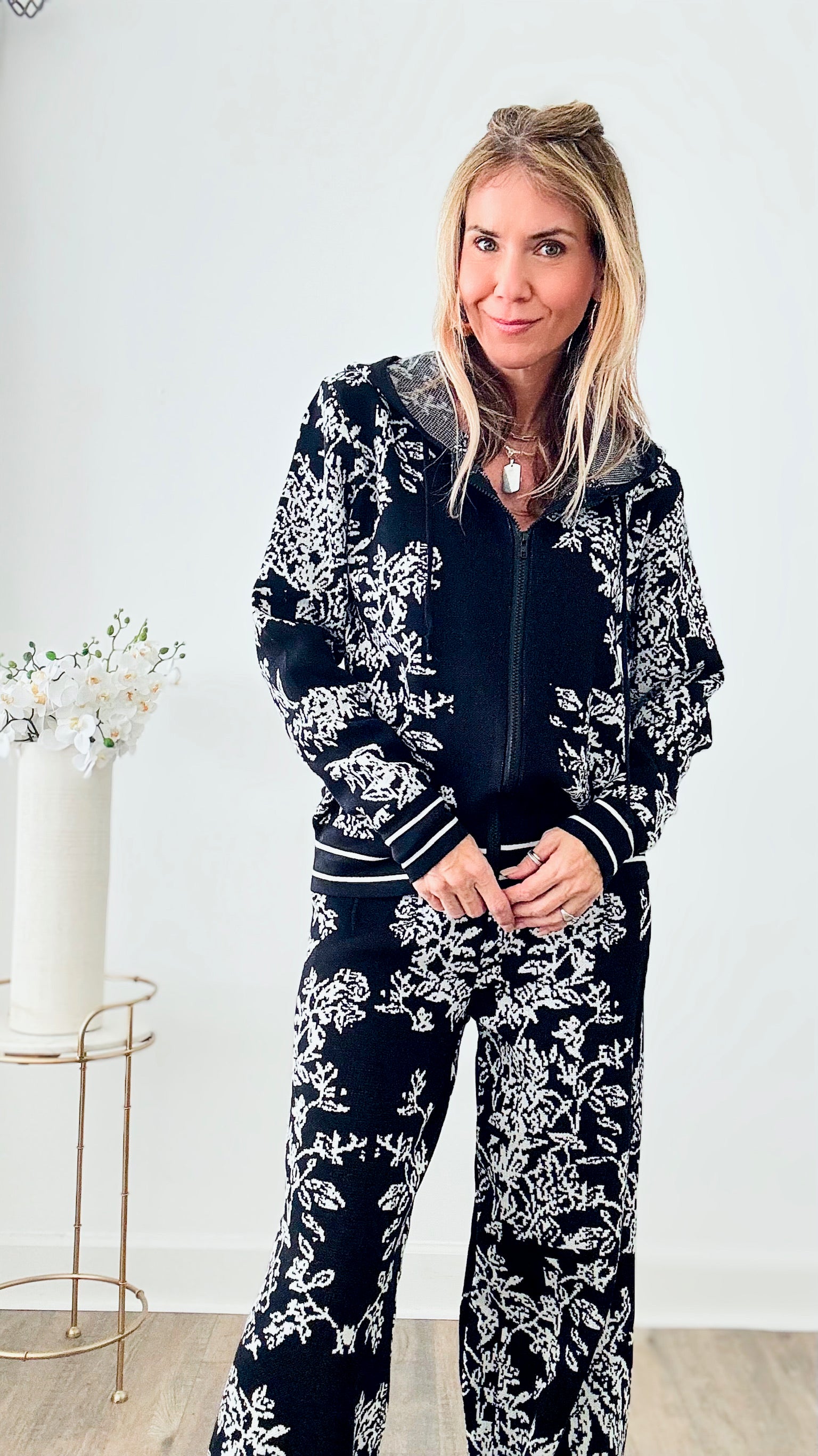 Adiorable Floral Tapestry Knit Zip Up Set - Black-130 Long sleeve top-Chasing Bandits-Coastal Bloom Boutique, find the trendiest versions of the popular styles and looks Located in Indialantic, FL