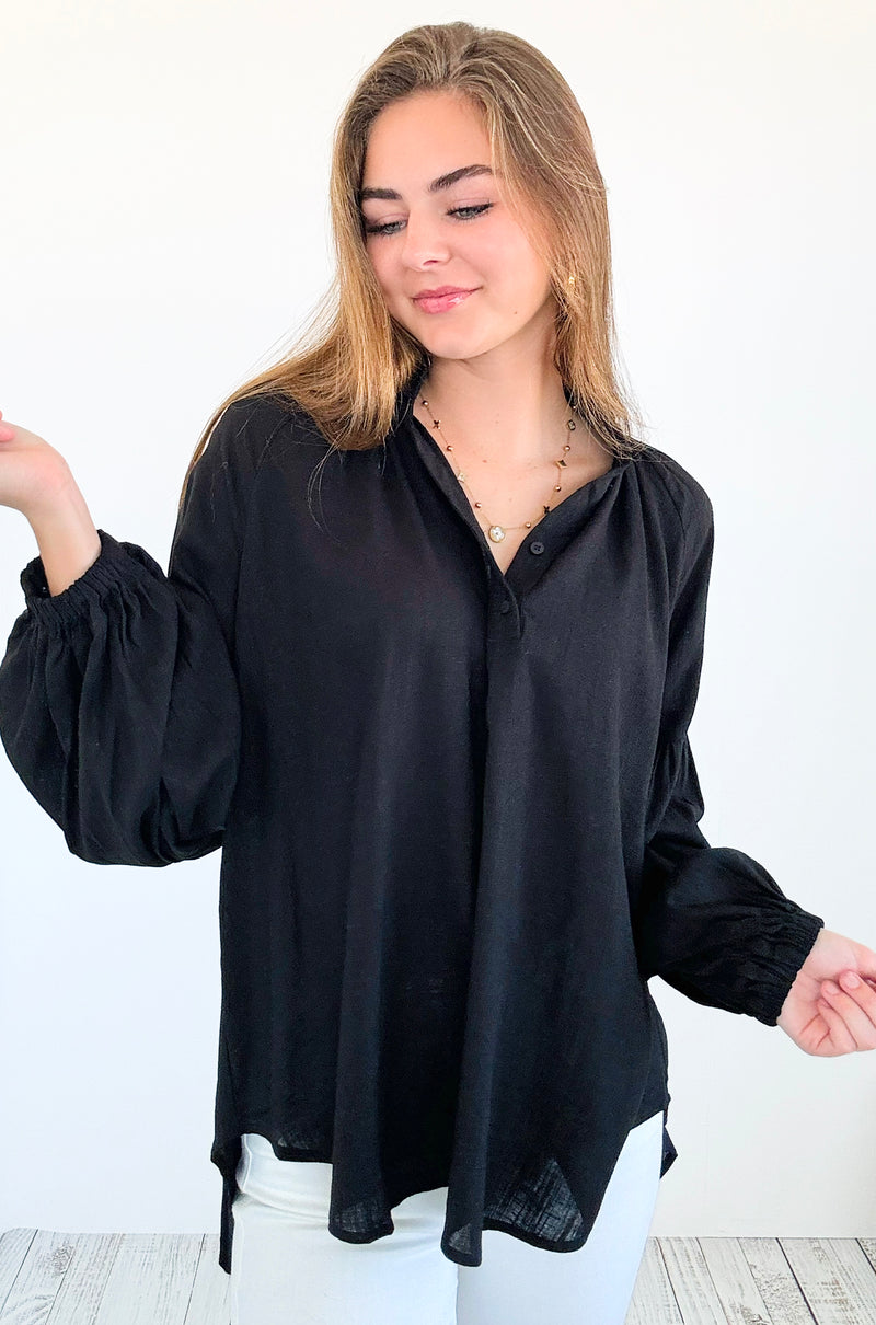 Savannah Breeze Peasant Blouse - Black-130 Long Sleeve Tops-ROUSSEAU-Coastal Bloom Boutique, find the trendiest versions of the popular styles and looks Located in Indialantic, FL