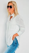 Striped Blouse With Buttons - White-130 Long Sleeve Tops-On Blue-Coastal Bloom Boutique, find the trendiest versions of the popular styles and looks Located in Indialantic, FL