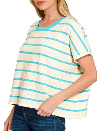 Relaxed Fit Textured Stripe Knit Top- Turquoise