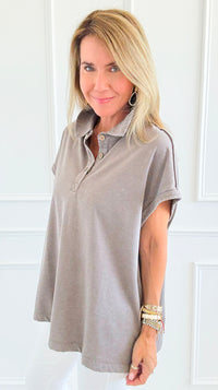 Washed Relax Polo Top - Mocha-110 Short Sleeve Tops-Rae Mode-Coastal Bloom Boutique, find the trendiest versions of the popular styles and looks Located in Indialantic, FL