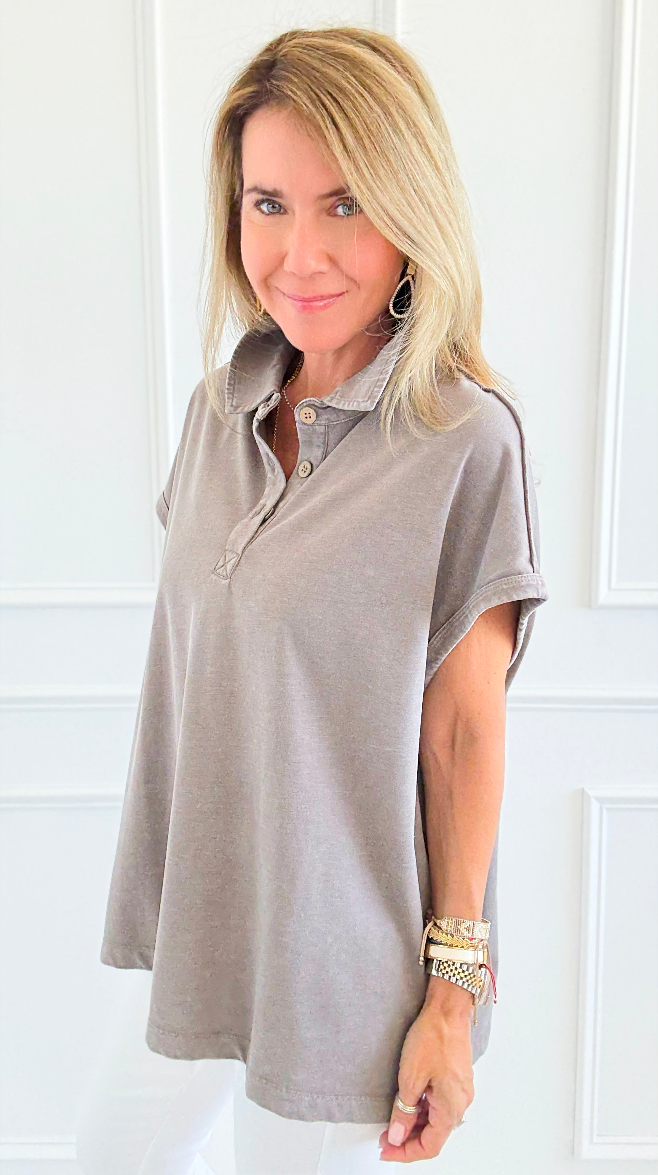 Washed Relax Polo Top - Mocha-110 Short Sleeve Tops-Rae Mode-Coastal Bloom Boutique, find the trendiest versions of the popular styles and looks Located in Indialantic, FL