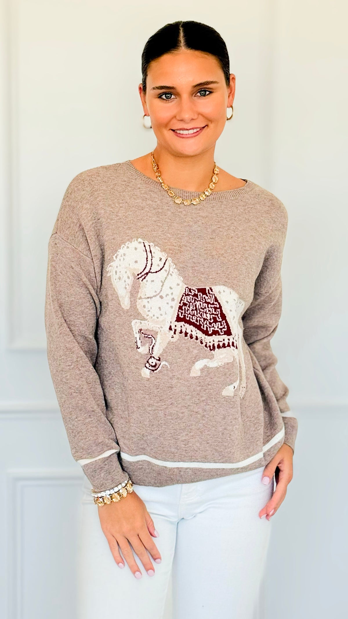 Equestrian Parade Italian Sweater- Beige-140 Sweaters-K2-Coastal Bloom Boutique, find the trendiest versions of the popular styles and looks Located in Indialantic, FL