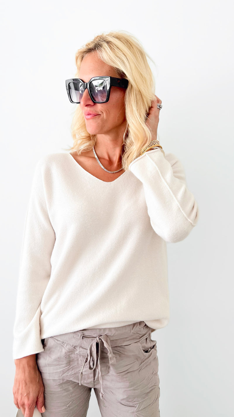 Soho Italian V-Neck Pullover - Ecru-140 Sweaters-Italianissimo-Coastal Bloom Boutique, find the trendiest versions of the popular styles and looks Located in Indialantic, FL