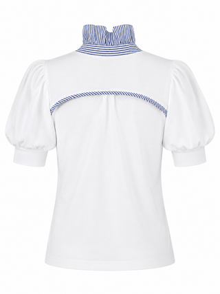 Harbor Stripe Frill Collar Blouse - White