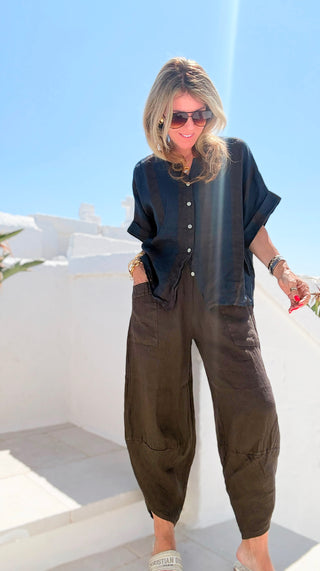 La Spezia Barrel Linen Italian Pant- Brown
