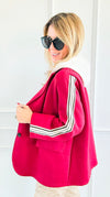 Stripes Of Power Italian Hooded Blazer- Burgundy-160 Jackets-ACQUA & LIMONE-Coastal Bloom Boutique, find the trendiest versions of the popular styles and looks Located in Indialantic, FL