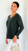 Soho Italian V-Neck Pullover - Army Green-140 Sweaters-Italianissimo-Coastal Bloom Boutique, find the trendiest versions of the popular styles and looks Located in Indialantic, FL