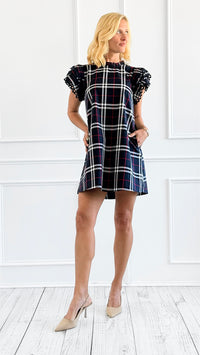 Plaid Ruffle Sleeve Dress - Navy-200 Dresses/Jumpsuits/Rompers-Jodifl-Coastal Bloom Boutique, find the trendiest versions of the popular styles and looks Located in Indialantic, FL