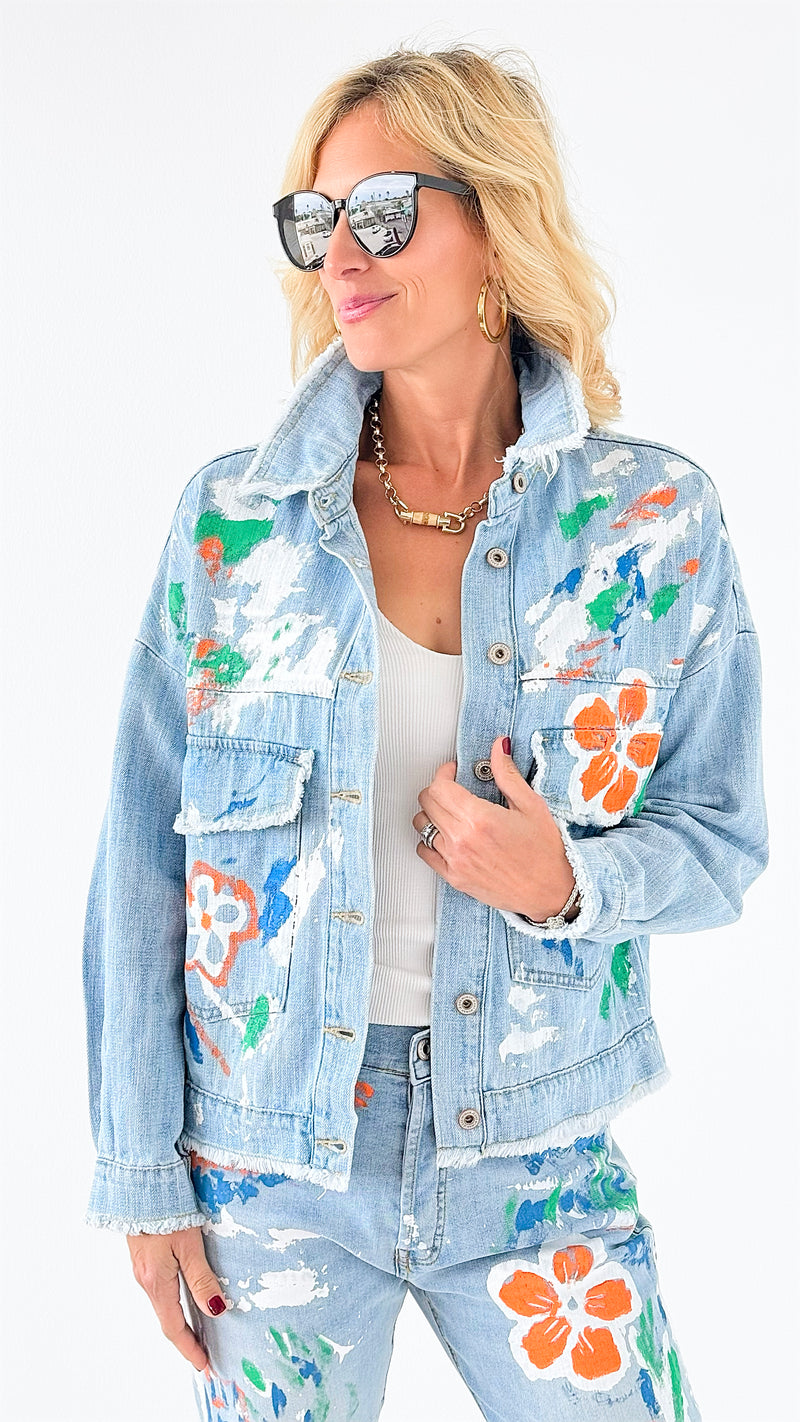 Blossom Brushwork Italian Denim Jacket-190 Denim-Italianissimo-Coastal Bloom Boutique, find the trendiest versions of the popular styles and looks Located in Indialantic, FL