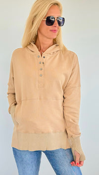 French Terry Buttoned Down Hoodie - Taupe-130 Long Sleeve Tops-BucketList-Coastal Bloom Boutique, find the trendiest versions of the popular styles and looks Located in Indialantic, FL