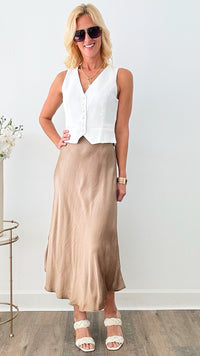 Brooklyn Italian Satin Midi Skirt - Mocha-170 Bottoms-Italianissimo-Coastal Bloom Boutique, find the trendiest versions of the popular styles and looks Located in Indialantic, FL