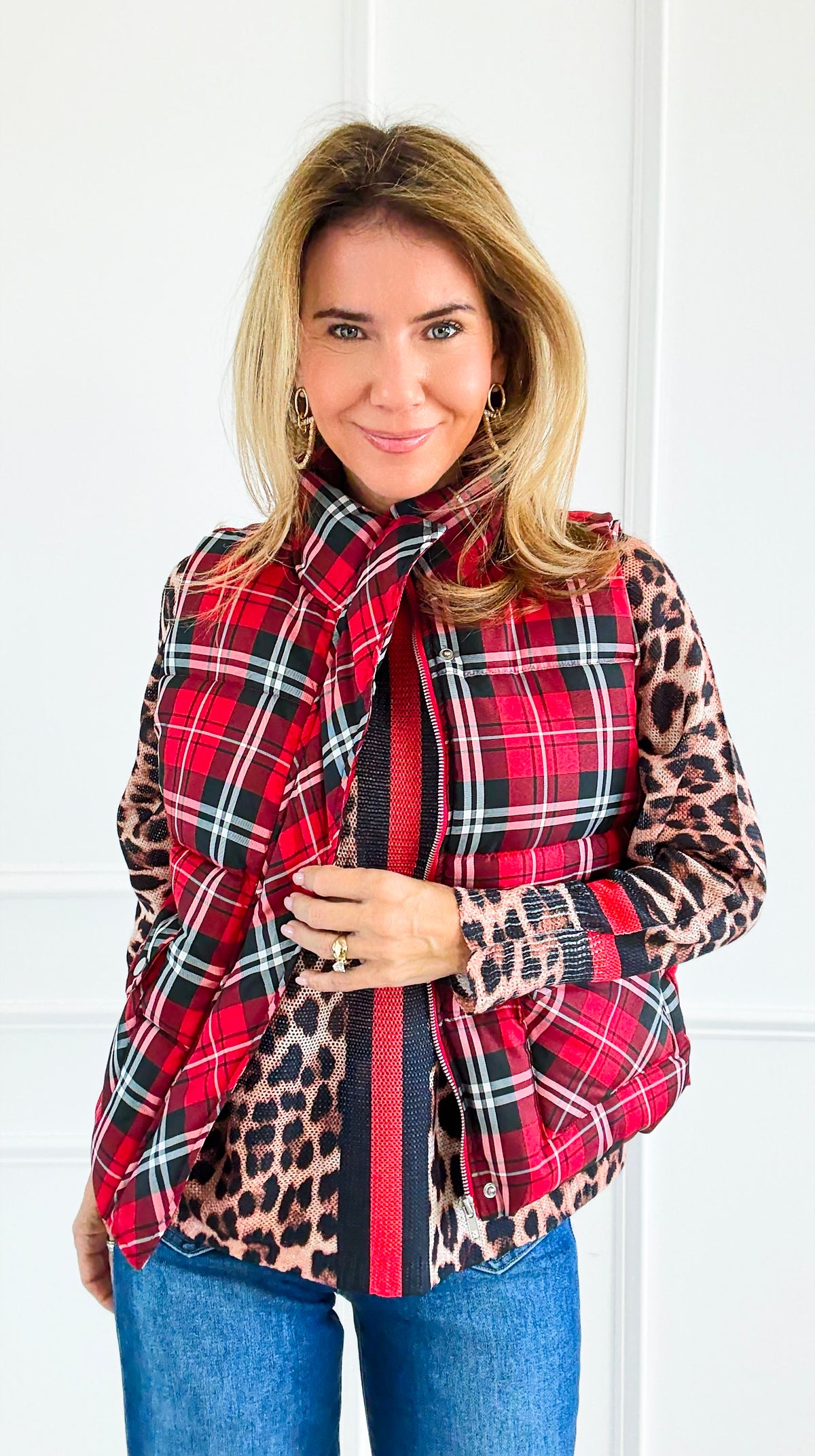Plaid Printed Padded Vest - Red-150 Cardigans/Layers-Jodifl-Coastal Bloom Boutique, find the trendiest versions of the popular styles and looks Located in Indialantic, FL