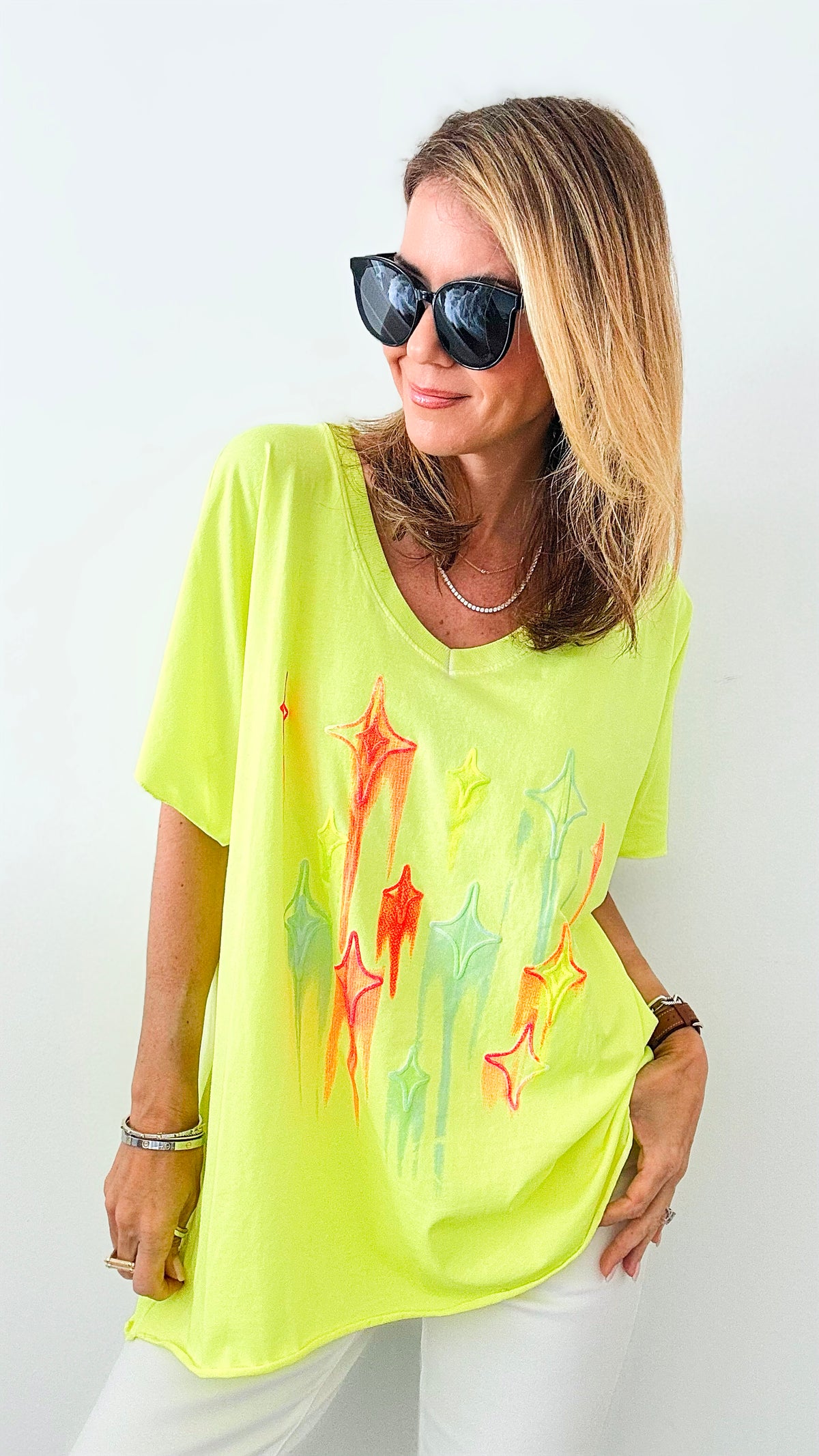 Starburst Italian Tee - Neon Yellow-110 Short Sleeve Tops-Italianissimo-Coastal Bloom Boutique, find the trendiest versions of the popular styles and looks Located in Indialantic, FL