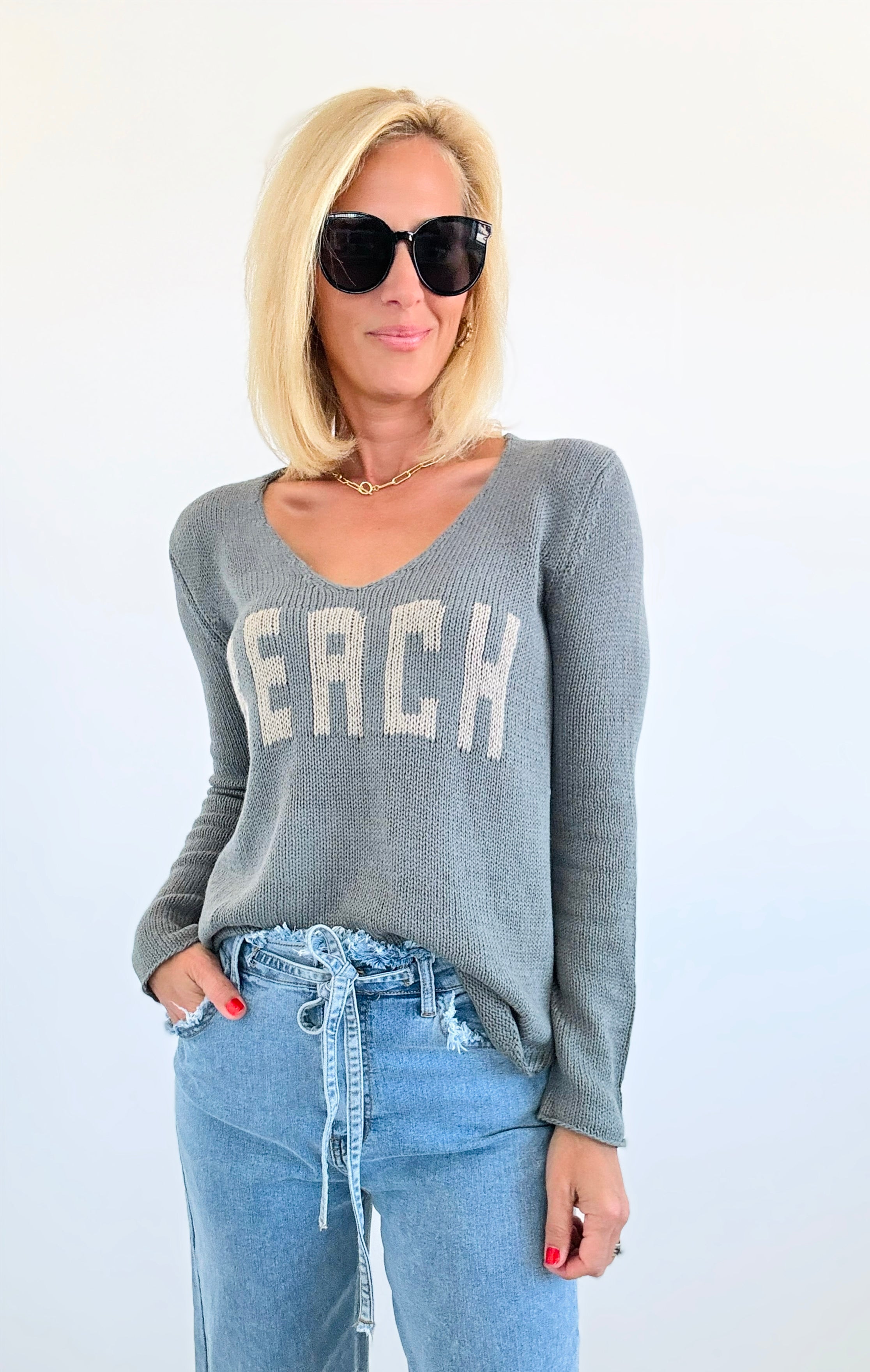 "Beach" Lightweight Knit V Neck Sweater - Army Green-140 Sweaters-MIRACLE-Coastal Bloom Boutique, find the trendiest versions of the popular styles and looks Located in Indialantic, FL