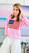 Embroidered Detailed Flag Knit Sweater-Cherry Pink-140 Sweaters-Miracle-Coastal Bloom Boutique, find the trendiest versions of the popular styles and looks Located in Indialantic, FL