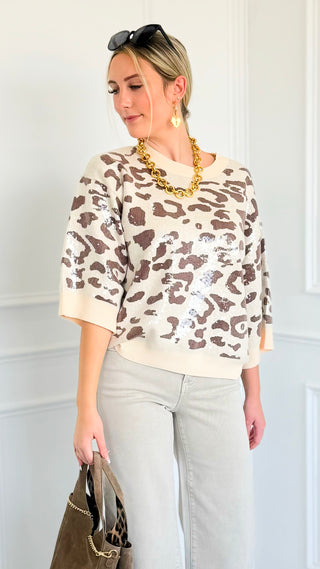 Sequin Animal Print Knit Top - Taupe