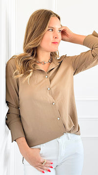 Sierra Luxe Button Down Top - Tan-130 Long Sleeve Tops-Must Have-Coastal Bloom Boutique, find the trendiest versions of the popular styles and looks Located in Indialantic, FL