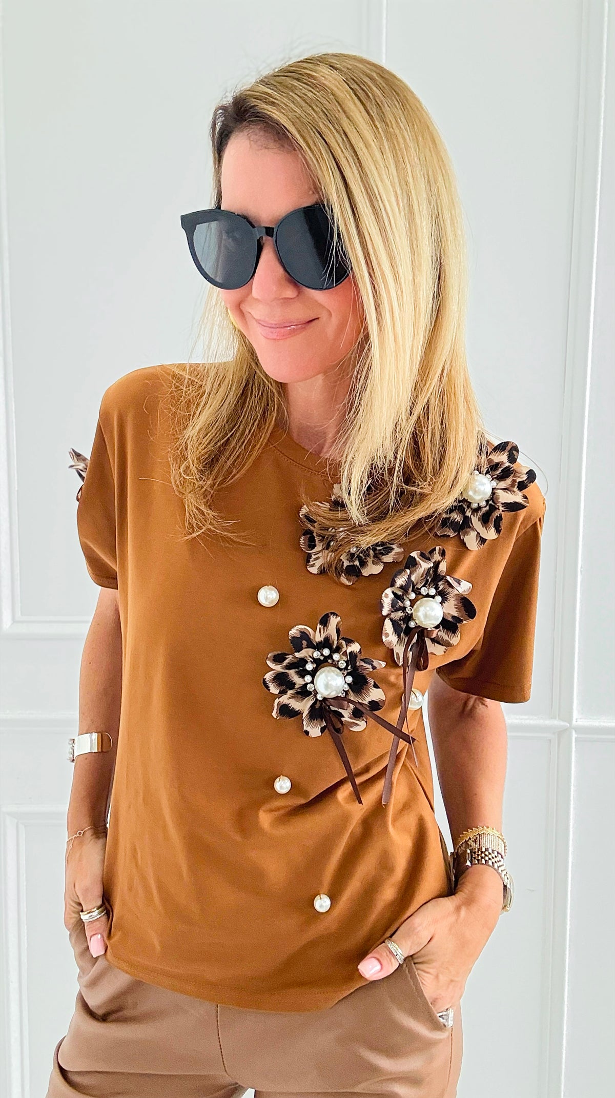 Embellished Floral Appliqué Tee-110 short Sleeve Top-PASTEL DESIGN-Coastal Bloom Boutique, find the trendiest versions of the popular styles and looks Located in Indialantic, FL